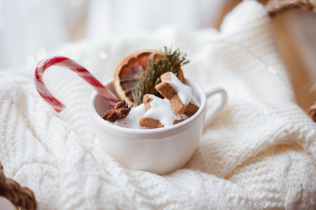 Christmas cozy home decor. Light, Christmas tree. Holidays.の写真素材