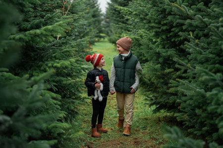 Cute little children choose Christmas tree for home at the market. Holidays.の写真素材