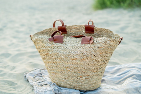Stylish straw bag with towel on sandy light beach. French coast. Blue water. Summer vacation.の写真素材