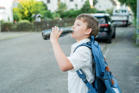 Portrait of a schoolboy with a backpack opens an iron bottle of water. Back to school.