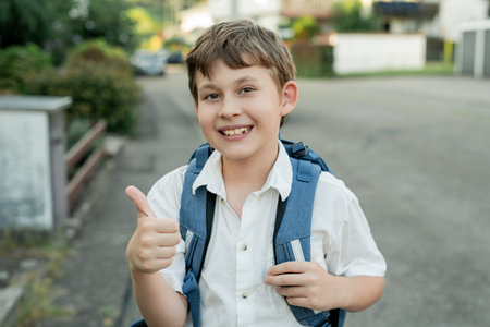 Portrait of a schoolboy with a backpack on the street. Back to school.