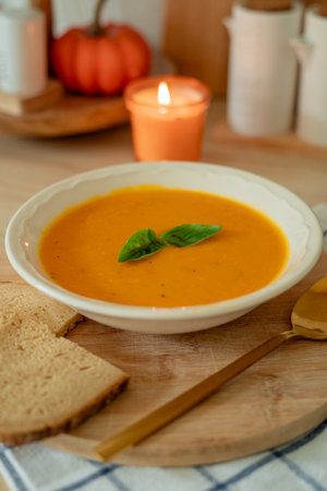 Plate of hot pumpkin soup and a slice of dark bread on the table. Warm autumn food.の写真素材
