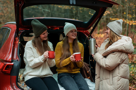 Young mother and her teenage daughters are drinking hot tea from a large thermos in the trunk of a...