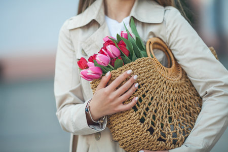 Spring portrait of a young beautiful happy woman 28 years old with long well-groomed hair holds a wicker bag in her hands with a bouquet of tulips on a city street. Stylish modelの写真素材