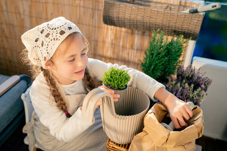 Little girl planting balcony flowers in early autumn. Plant seedlings. Happy child. Home.の写真素材