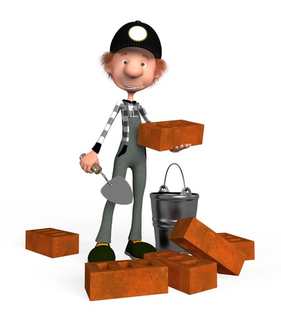 The boy the builder, lays a brick on building.の写真素材