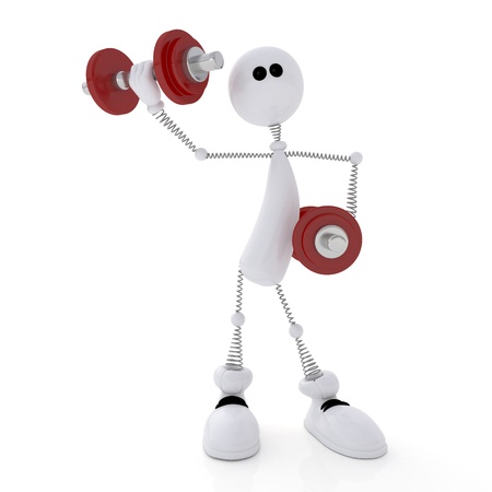 The white little man goes in for sports with dumbbells.の写真素材