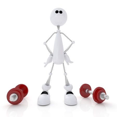 The white little man goes in for sports with dumbbells.の写真素材