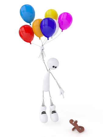 The white person on springs flies by balloons in clouds.の写真素材