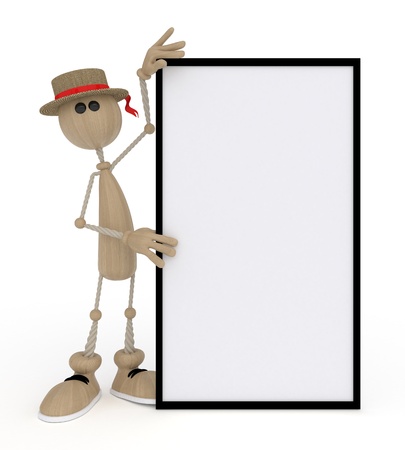 The wooden character holds a billboard.の写真素材