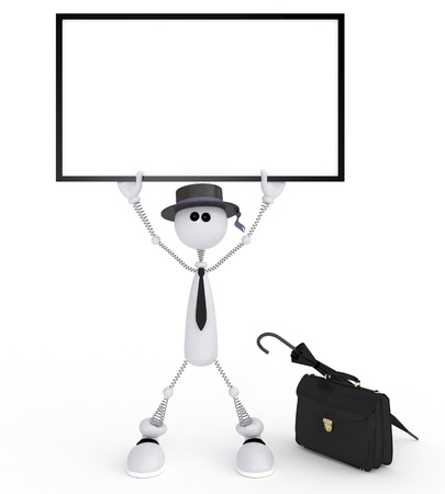 The wooden character holds a billboard の写真素材