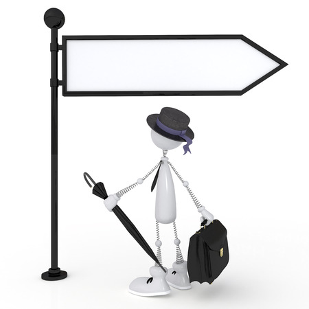 The wooden character holds a billboard.の写真素材