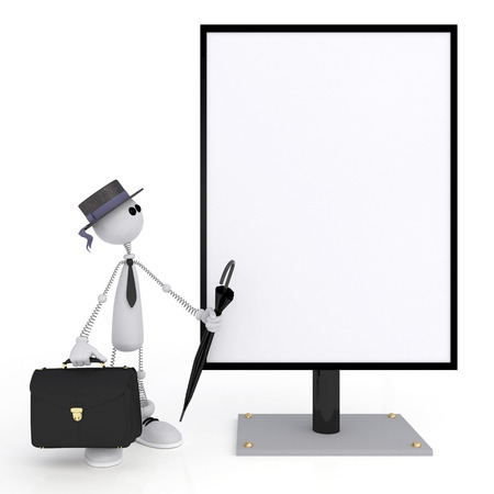 The wooden character holds a billboard.の写真素材