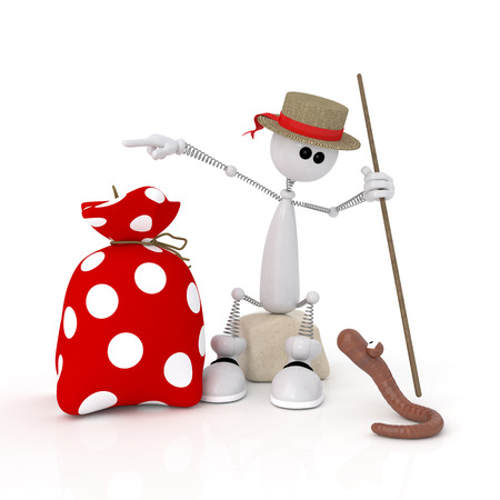 The little man with a bag and a worm の写真素材