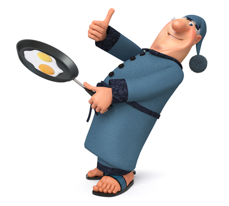 The 3D illustration the man cooks fried eggs for breakfastの写真素材