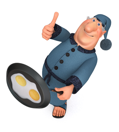 The 3D illustration the man cooks fried eggs for breakfastの写真素材
