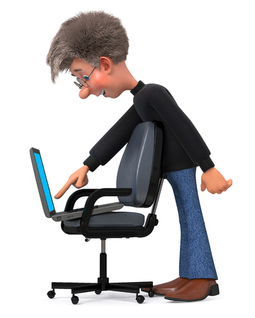 3D illustration of the character of a young man in a sweater and jeans with a laptopの写真素材