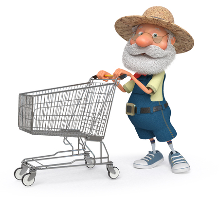 3d illustration grandpa makes purchases in the storeの写真素材