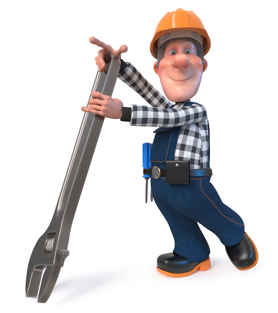 3D illustration of funny engineer plumber character engaged in repairの写真素材