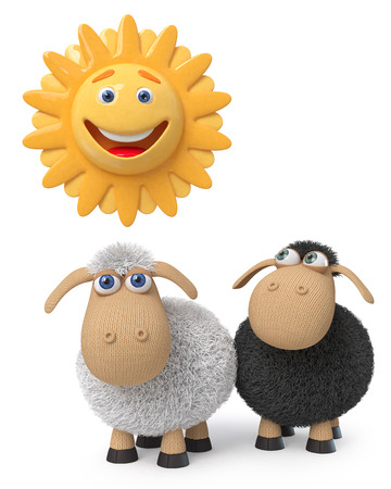 3d illustration two little lambs happily look at the sunの写真素材