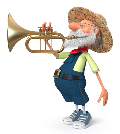 3d illustration an elderly bearded peasant playing a wind instrumentの写真素材