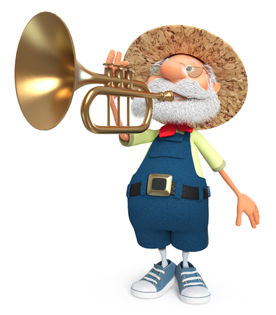 3d illustration an elderly bearded peasant playing a wind instrumentの写真素材