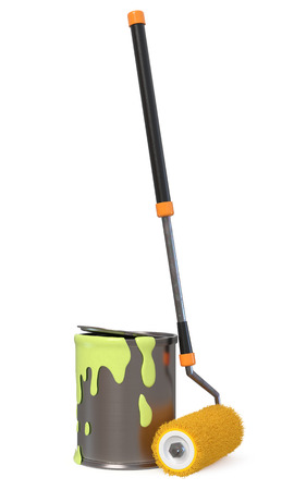 3d illustration bucket with paint and roller for painting maintenances and repairの写真素材