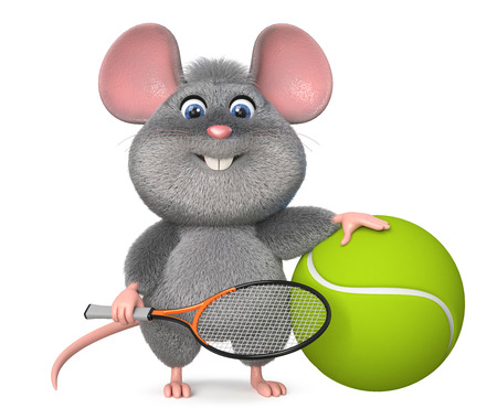 3d illustration gray and fluffy little animal doing sportsの写真素材