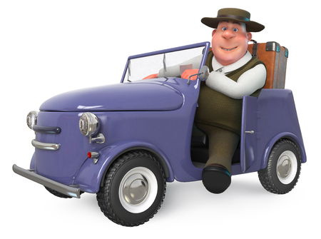 3d illustration a fat man with a suitcase rides by carの写真素材