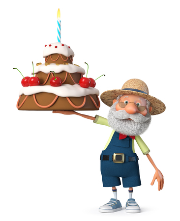 3d illustration the grandfather was a farmer posing with the cakeの写真素材
