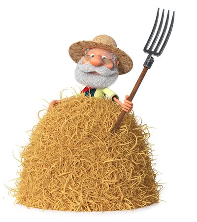 3D illustration grandfather peasant posing in overalls with a pitchfork near a haystackの写真素材