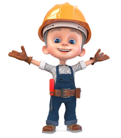 3D illustration small construction Worker in overalls with a screwdriver and a yellow helmetの写真素材