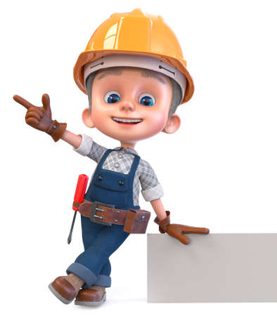 3D illustration small construction Worker in overalls with a screwdriver and a yellow helmetの写真素材