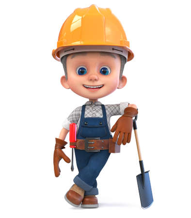 3D illustration of a funny boy in a construction helmet and overalls with a shovelの写真素材