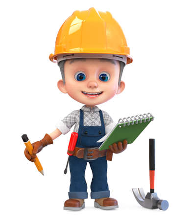 3D illustration a small construction worker in overalls and a yellow helmet with a pencil and a notebook creates a projectの写真素材