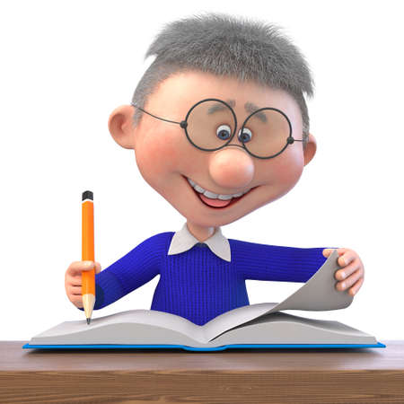 3d illustration of a funny boy with a pencil and a notebook studying at schoolの写真素材