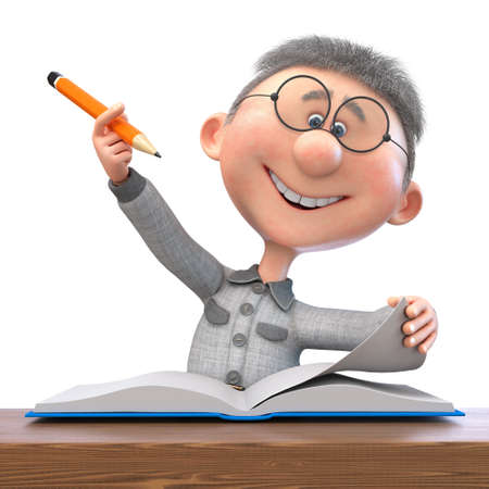 3d illustration of a funny boy with a pencil and a notebook studying at schoolの写真素材