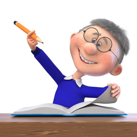 3d illustration of a funny boy with a pencil and a notebook studying at schoolの写真素材