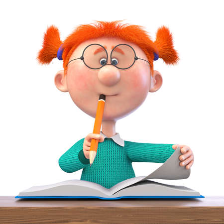 3d illustration of a funny girl with a pencil and a notebook studying at schoolの写真素材