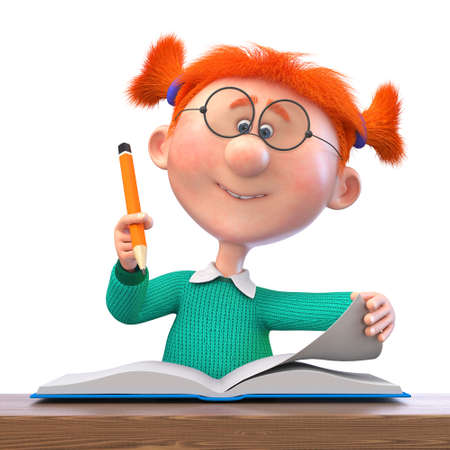 3d illustration of a funny girl with a pencil and a notebook studying at schoolの写真素材