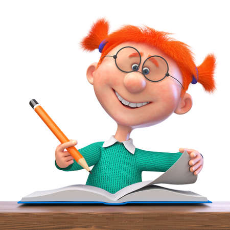 3d illustration of a funny girl with a pencil and a notebook studying at schoolの写真素材