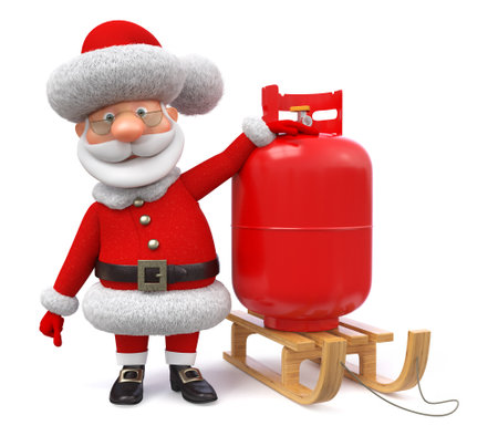 3d illustration Santa Claus carries a gas cylinder on a sled as a gift to peopleの写真素材