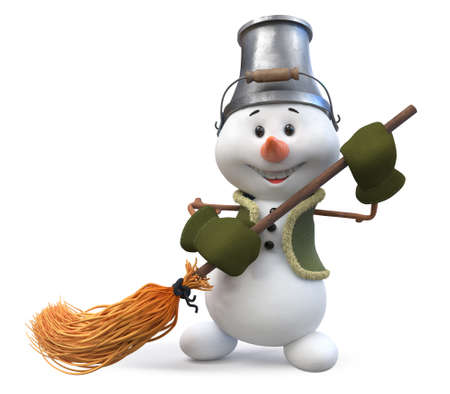 3d illustration A cheerful Snowman with a broom and a bucket on his head celebrates the New Yearの写真素材