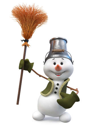 3d illustration A cheerful Snowman with a broom and a bucket on his head celebrates the New Yearの写真素材