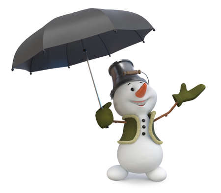 3d illustration A cheerful Snowman with a umbrella and a bucket on his head celebrates the New Yearの写真素材