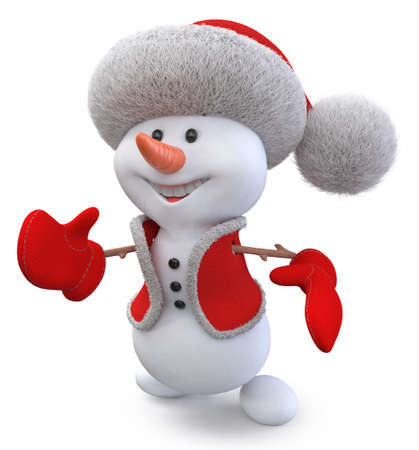 3d illustration A cheerful Snowman in a Santa Claus hat to have fun on a winter holidayの写真素材