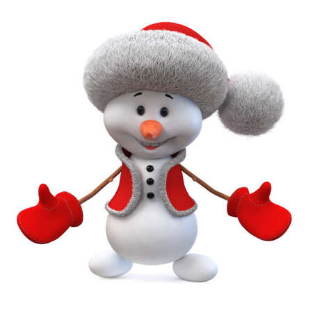 3d illustration A cheerful Snowman in a Santa Claus hat to have fun on a winter holidayの写真素材