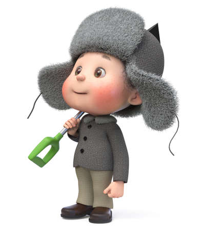 3d illustration of a cheerful teenager walking in winter with a big shovel for snow removalの写真素材