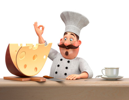 3d illustration of a chef with a mustache, wearing a large hat and an apron, cooking cheese in the kitchenの写真素材