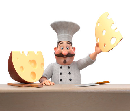 3d illustration of a chef with a mustache, wearing a large hat and an apron, cooking cheese in the kitchenの写真素材